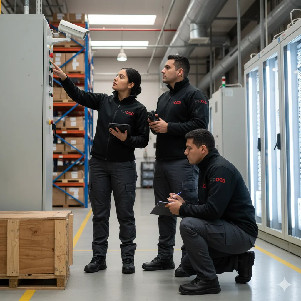 Equipo de PROCD realizando un estudio de seguridad en una bodega industrial con cámaras de vigilancia