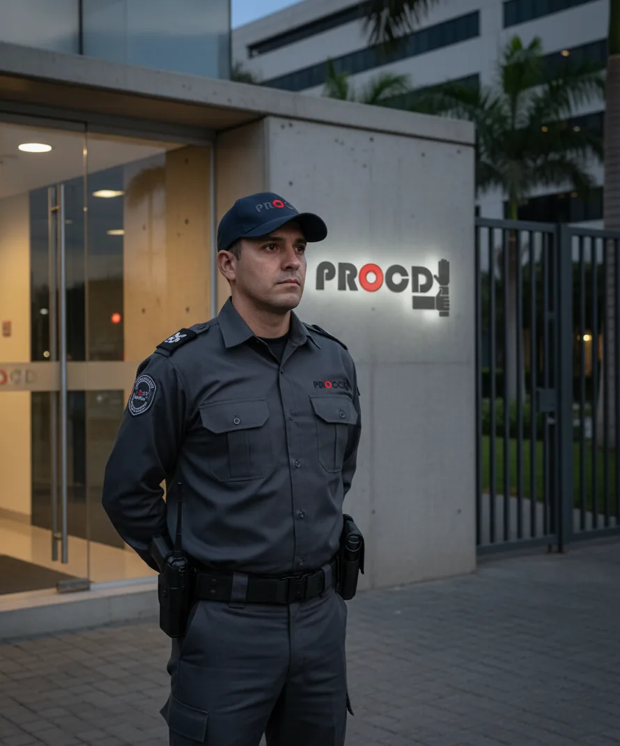 Guardia de seguridad privada de PROCD en el acceso de un edificio corporativo