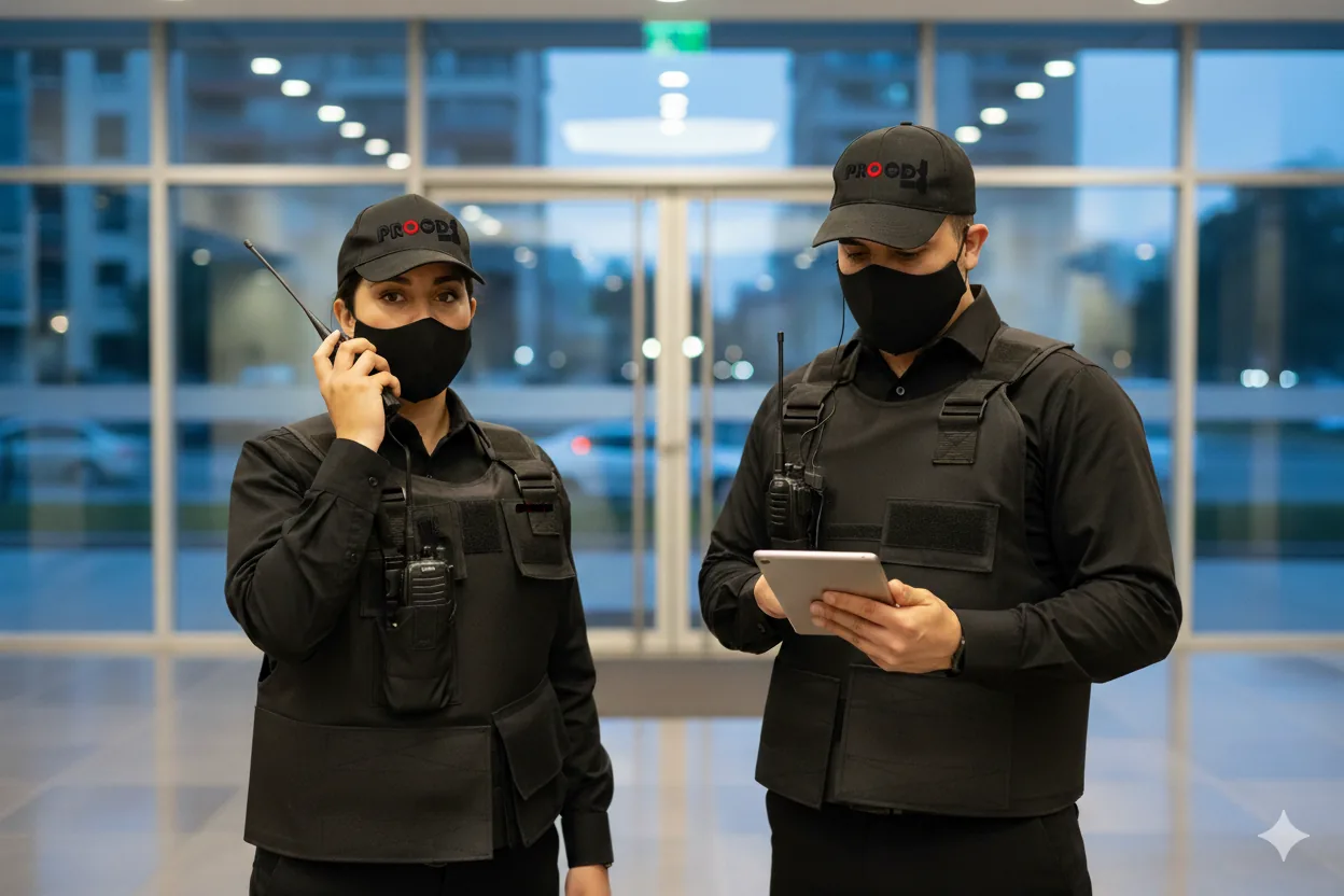 Guardias tácticos de PROCD con chaleco, radio y tablet en el acceso de un edificio